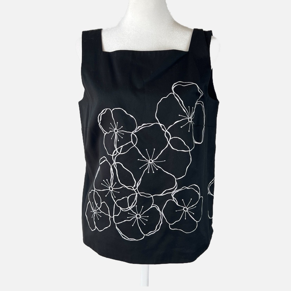 TALBOTS Black Sleeveless Tunic White Embroidered Floral Detail Size 10 (MEDIUM)‎